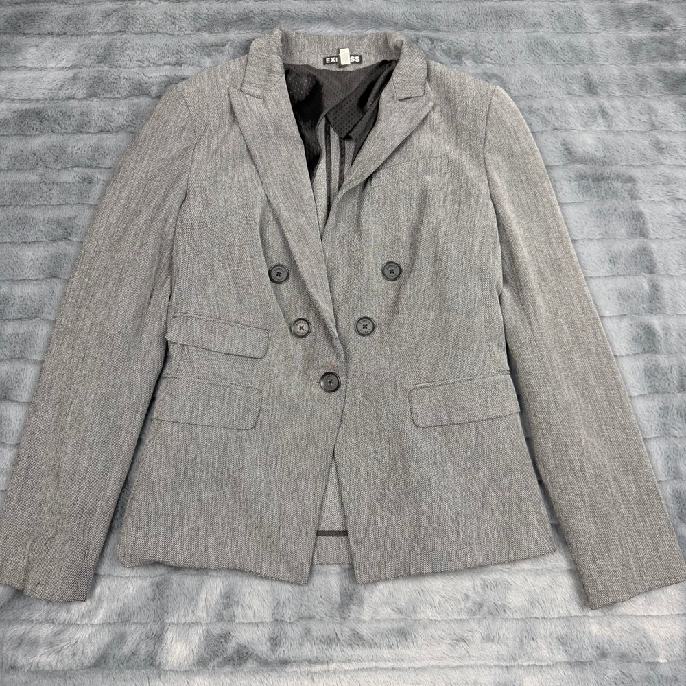 Express Womens Gray Double Breasted Blazer Jacket Size 4 Textured Office Career
